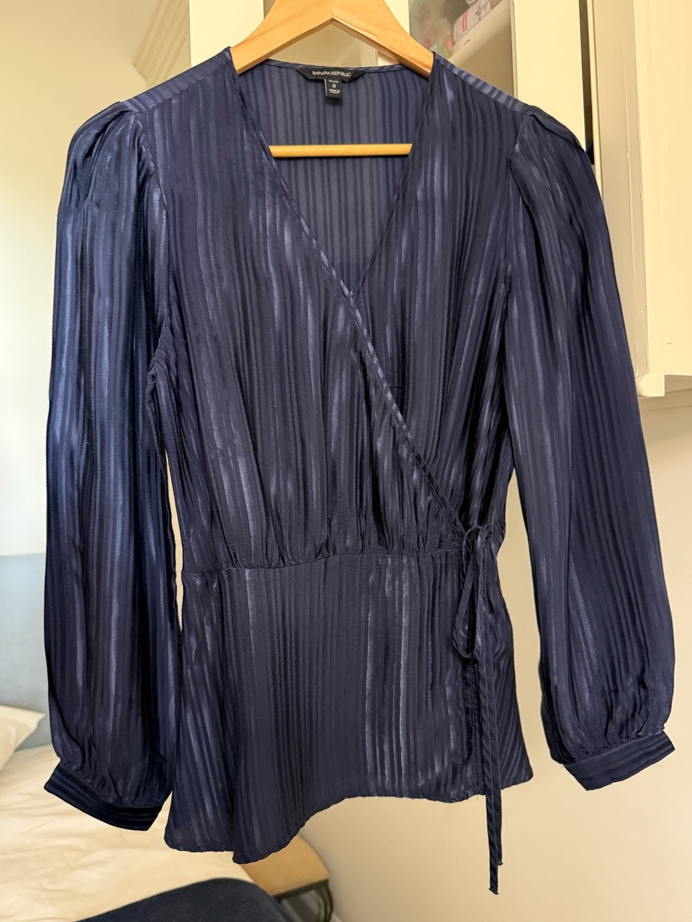 Banana Republic Petite S Navy Tonal Stripe Wrap Tie Peplum Blouse